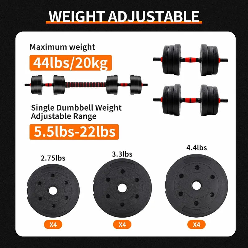 22/44bls Adjustable Dumbbell Set for Home Gym Fitness Weight Plates, 3-in-1 Ergonomic Modes, Heavy Duty Cast for Strength Training Barbell Weight Set Exercise Equipment